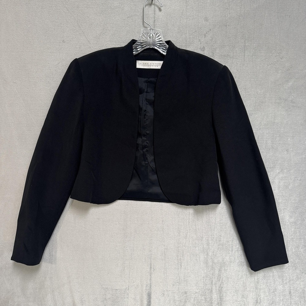Valerie Stevens Blazer Womens 6 Black Cropped Silk Rose Embroidered Jacket